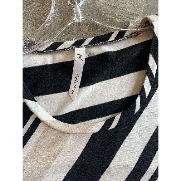 NY COLLECTION Sz L Black/White/Taupe Asymmetrical Front Striped Blouse - Picture 7 of 9